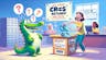 A whimsical scene at a postal counter with a woman returning Crocs, a cheeky crocodile in Crocs peeking from a box, symbolizing no-tears, hassle-free returns.